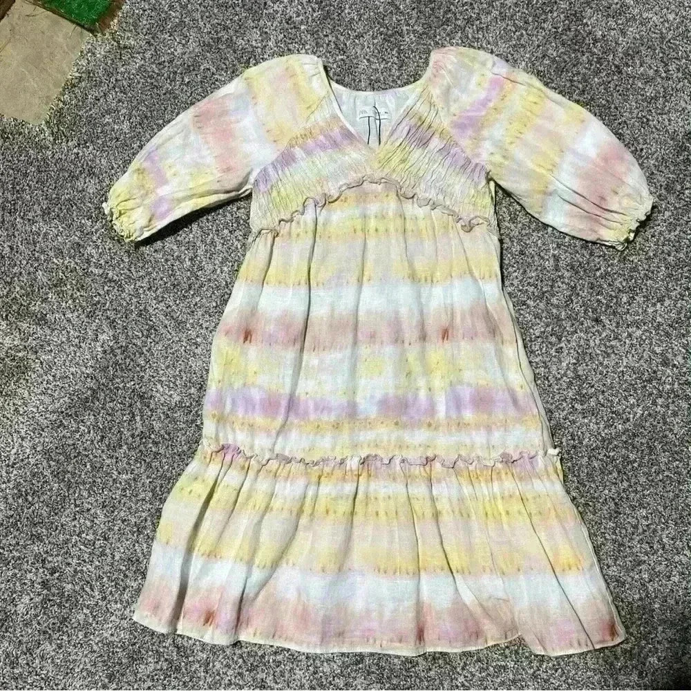 Zara  13 14 164 Kids Girls Linen Blend Tie Dye Sleeve Dress